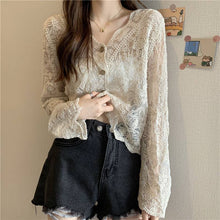 Load image into Gallery viewer, Crochet Cutout Long Sleeve Lace Mesh Top: White / Missy / One Size