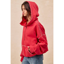 Load image into Gallery viewer, BRUSHED TERRY HALF ZIP UP HOODIE TOP WITH JEWELED: BLACK / XL