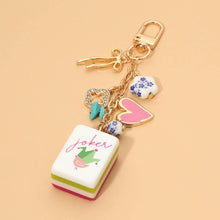 Load image into Gallery viewer, Mahjong Tile Drop Bow Heart Charm Embellished Keychain Bag Charm