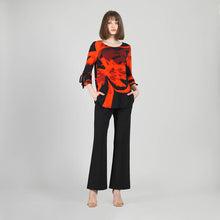Load image into Gallery viewer, TU331P4 - Tie Cuff Curved Hem Tunic - Floral Eclipse: Red/Black / XS