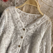 Load image into Gallery viewer, Crochet Cutout Long Sleeve Lace Mesh Top: White / Missy / One Size
