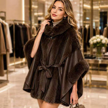 Load image into Gallery viewer, Plush Faux Fur Trim Belted Winter Poncho Cape: Brown