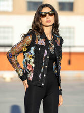 Load image into Gallery viewer, Black Floral Embroidered Mesh Sleeve Denim Jacket: M