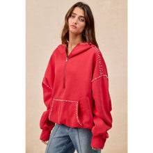 Load image into Gallery viewer, BRUSHED TERRY HALF ZIP UP HOODIE TOP WITH JEWELED: BLACK / L