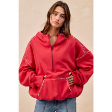 Load image into Gallery viewer, BRUSHED TERRY HALF ZIP UP HOODIE TOP WITH JEWELED: BLACK / L