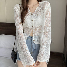 Load image into Gallery viewer, Crochet Cutout Long Sleeve Lace Mesh Top: White / Missy / One Size