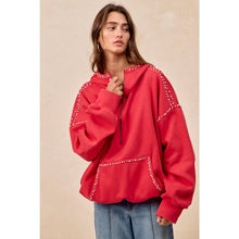 Load image into Gallery viewer, BRUSHED TERRY HALF ZIP UP HOODIE TOP WITH JEWELED: BLACK / S