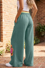 Load image into Gallery viewer, Flower Drawstring Contrasted Elastic Waist Wide Leg Pants: Green / XL