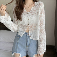Load image into Gallery viewer, Crochet Cutout Long Sleeve Lace Mesh Top: White / Missy / One Size
