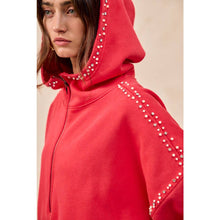 Load image into Gallery viewer, BRUSHED TERRY HALF ZIP UP HOODIE TOP WITH JEWELED: BLACK / S