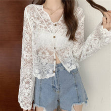 Load image into Gallery viewer, Crochet Cutout Long Sleeve Lace Mesh Top: White / Missy / One Size