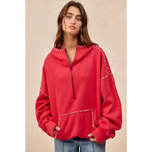 Load image into Gallery viewer, BRUSHED TERRY HALF ZIP UP HOODIE TOP WITH JEWELED: BLACK / XL