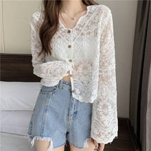 Load image into Gallery viewer, Crochet Cutout Long Sleeve Lace Mesh Top: White / Missy / One Size