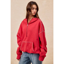 Load image into Gallery viewer, BRUSHED TERRY HALF ZIP UP HOODIE TOP WITH JEWELED: BLACK / XL