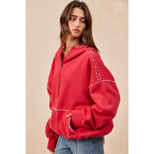 Load image into Gallery viewer, BRUSHED TERRY HALF ZIP UP HOODIE TOP WITH JEWELED: BLACK / L