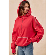 Load image into Gallery viewer, BRUSHED TERRY HALF ZIP UP HOODIE TOP WITH JEWELED: BLACK / XL