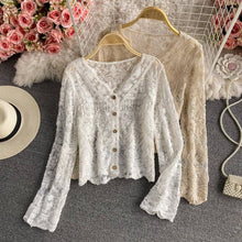 Load image into Gallery viewer, Crochet Cutout Long Sleeve Lace Mesh Top: White / Missy / One Size