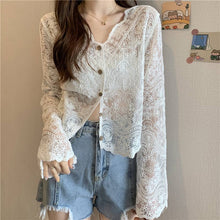 Load image into Gallery viewer, Crochet Cutout Long Sleeve Lace Mesh Top: White / Missy / One Size