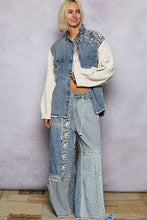 Load image into Gallery viewer, Boho Lace Patchwork Knit Long Sleeve Shirt Jacket Top: DENIM / L

