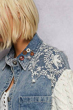 Load image into Gallery viewer, Boho Lace Patchwork Knit Long Sleeve Shirt Jacket Top: DENIM / S
