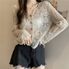 Load image into Gallery viewer, Crochet Cutout Long Sleeve Lace Mesh Top: White / Missy / One Size
