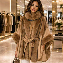 Load image into Gallery viewer, Plush Faux Fur Trim Belted Winter Poncho Cape: Beige
