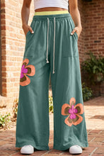 Load image into Gallery viewer, Flower Drawstring Contrasted Elastic Waist Wide Leg Pants: Green / L
