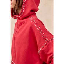 Load image into Gallery viewer, BRUSHED TERRY HALF ZIP UP HOODIE TOP WITH JEWELED: BLACK / L
