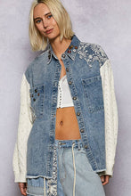 Load image into Gallery viewer, Boho Lace Patchwork Knit Long Sleeve Shirt Jacket Top: DENIM / M
