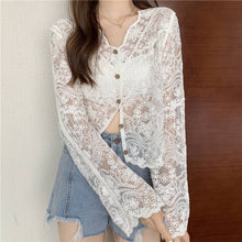 Load image into Gallery viewer, Crochet Cutout Long Sleeve Lace Mesh Top: White / Missy / One Size

