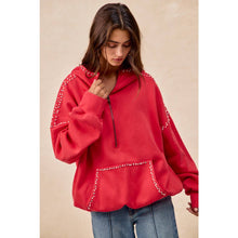 Load image into Gallery viewer, BRUSHED TERRY HALF ZIP UP HOODIE TOP WITH JEWELED: BLACK / M
