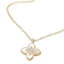 Load image into Gallery viewer, 14K Gold Plated CZ Stone Paved Center Mother of Pearl Floral Clover Pendant Necklace
