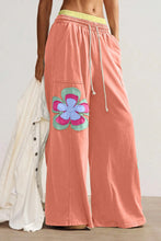 Load image into Gallery viewer, Flower Drawstring Contrasted Elastic Waist Wide Leg Pants: Green / L
