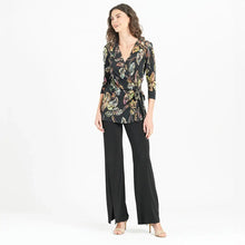 Load image into Gallery viewer, TU335P1 - Surplice Faux Wrap Side Tie Tunic, Leaf Colorburst: Black Multi / XS
