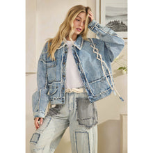 Load image into Gallery viewer, ROPE DETAILED PATCHWORK DENIM JACKET: DENIM / S-M-L-XL(2-2-2-2)
