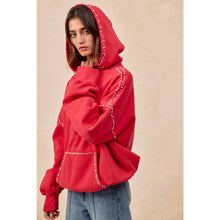 Load image into Gallery viewer, BRUSHED TERRY HALF ZIP UP HOODIE TOP WITH JEWELED: BLACK / XL

