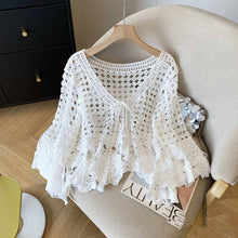 Load image into Gallery viewer, Crochet Hollow Out Cropped Beach Cover Up: White / Missy / One Size
