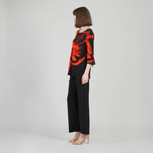 Load image into Gallery viewer, TU331P4 - Tie Cuff Curved Hem Tunic - Floral Eclipse: Red/Black / XS
