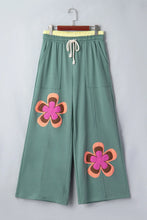 Load image into Gallery viewer, Flower Drawstring Contrasted Elastic Waist Wide Leg Pants: Green / L

