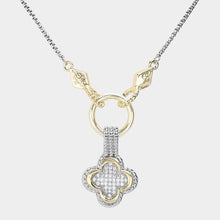 Load image into Gallery viewer, 14K Gold Plated Two Tone CZ Stone Paved Quatrefoil Necklace
