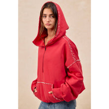 Load image into Gallery viewer, BRUSHED TERRY HALF ZIP UP HOODIE TOP WITH JEWELED: BLACK / XL
