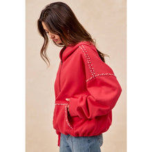 Load image into Gallery viewer, BRUSHED TERRY HALF ZIP UP HOODIE TOP WITH JEWELED: BLACK / S
