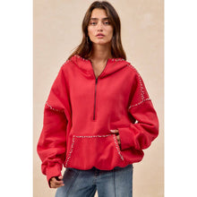 Load image into Gallery viewer, BRUSHED TERRY HALF ZIP UP HOODIE TOP WITH JEWELED: BLACK / L
