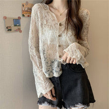 Load image into Gallery viewer, Crochet Cutout Long Sleeve Lace Mesh Top: White / Missy / One Size
