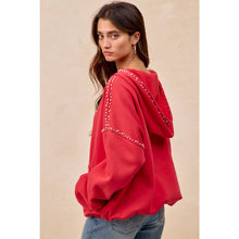 Load image into Gallery viewer, BRUSHED TERRY HALF ZIP UP HOODIE TOP WITH JEWELED: BLACK / XL
