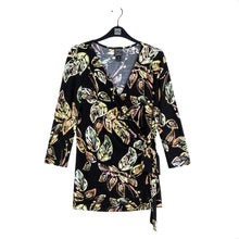 Load image into Gallery viewer, TU335P1 - Surplice Faux Wrap Side Tie Tunic, Leaf Colorburst: Black Multi / S
