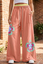 Load image into Gallery viewer, Flower Drawstring Contrasted Elastic Waist Wide Leg Pants: Green / L
