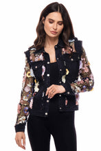Load image into Gallery viewer, 2626P Floral Embroidered Mesh Sleeve Denim Jacket: L
