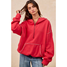 Load image into Gallery viewer, BRUSHED TERRY HALF ZIP UP HOODIE TOP WITH JEWELED: BLACK / L
