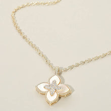 Load image into Gallery viewer, 14K Gold Plated CZ Stone Paved Center Mother of Pearl Floral Clover Pendant Necklace
